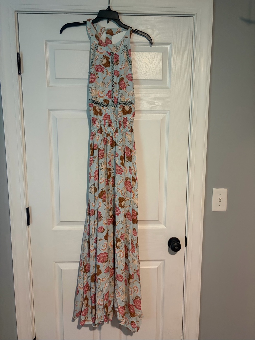 Jaase Light Blue Halter Maxi Dress with Pink and Brown Floral Print